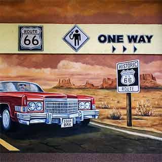 Venkovn malba na zdi Baraka baru v podob Cadillacu Eldorado a Route 66