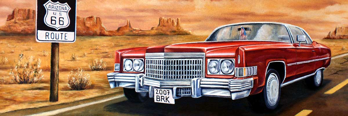 Venkovní nástěnná malba s Cadillacem Eldorado a Route 66.