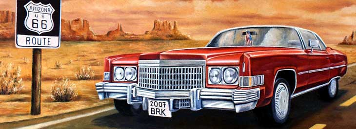 Venkovní nástěnná malba s Cadillacem Eldorado a Route 66.
