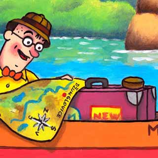 Ilustrace v podobě Čendy s mapou na lodi z komiksu Čenda Buráček a zlatá bobule
