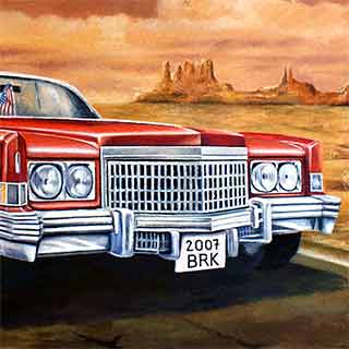 Venkovní malba na zdi Baraka baru v podobě Cadillacu Eldorado a Route 66, detail