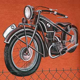 Venkovní nástěnná malba na prodejně autobazaru - historický motocykl