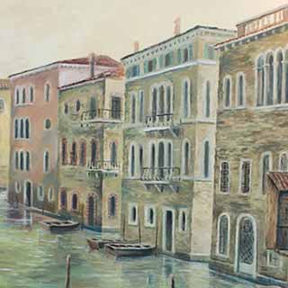 Kanál v italských Benátkách na malbě v restauraci Via Ironia