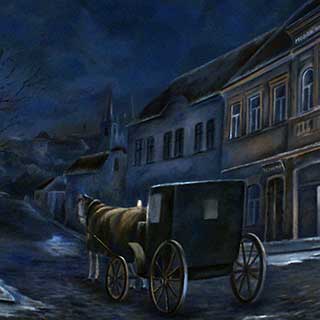 Detail nástěnné malby v restauraci Modrá hvězda s motivem noční uličky s koňským kočárem