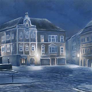 Nástěnná malba v restauraci Modrá hvězda s motivem večerního náměstí v Chrudimi
